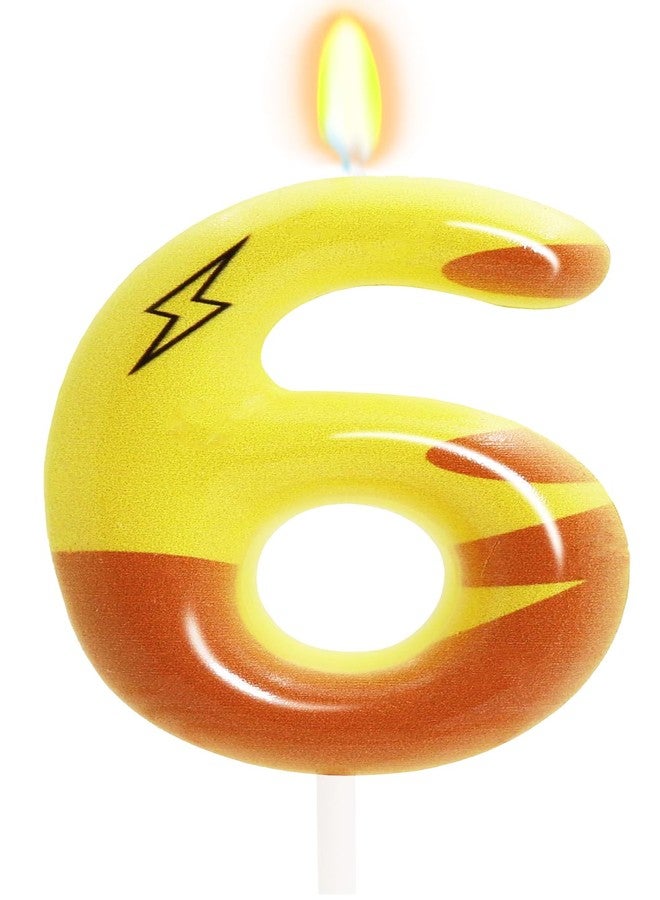 OGnomiFX Lightning Print Yellow 6th Birthday Candles for Boys Girls, Number 6 Cake Topper, Cartoon Themed Birthday Party Decorations - Image 1